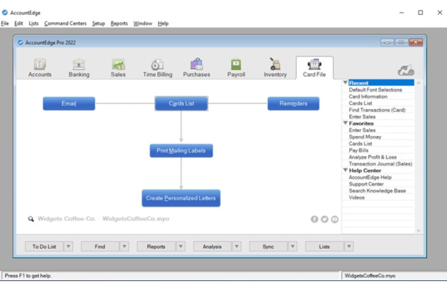 AccountEdge Pro 2022 Card File module showing Cards List, Email, Reminders, and mailing options.