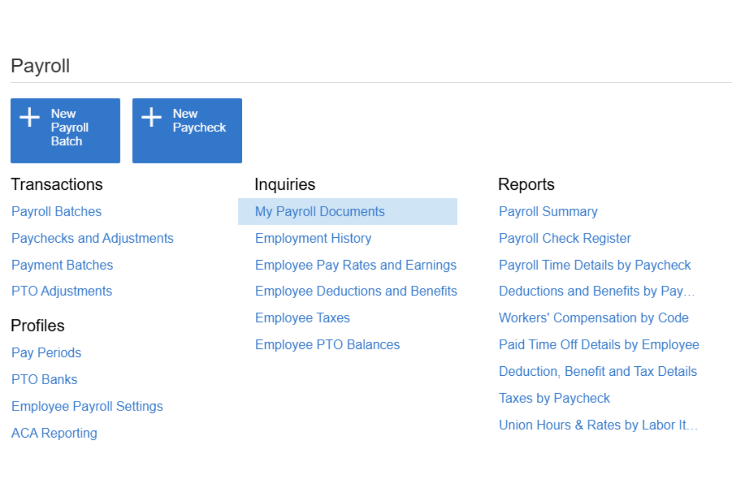 Acumatica Payroll module showing transactions, inquiries, and reports navigation menu.