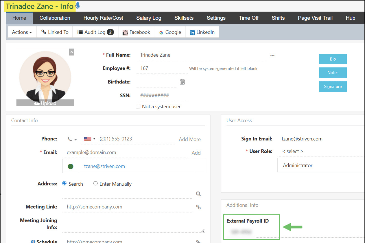 Striven employee info page showing profile fields, contact info, and external payroll ID.