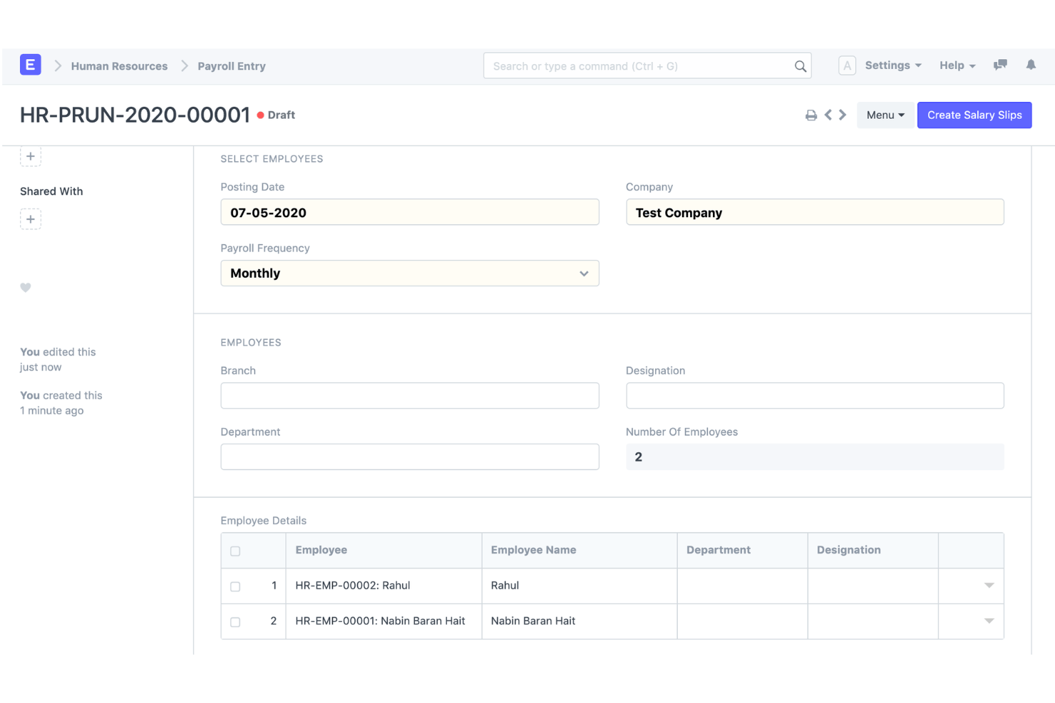 ERPNext payroll entry form showing two employees and salary slip creation button.