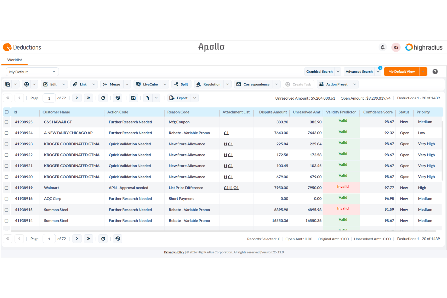 HighRadius Deductions worklist showing customer deductions with validity scores and statuses.