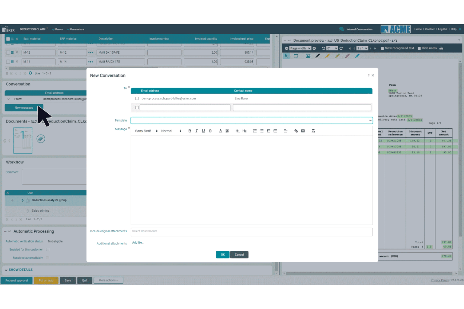 Esker deduction claim interface showing a new conversation email dialog box.