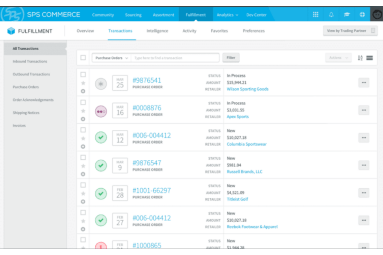 SPS Commerce Fulfillment dashboard listing purchase orders with status and amounts.