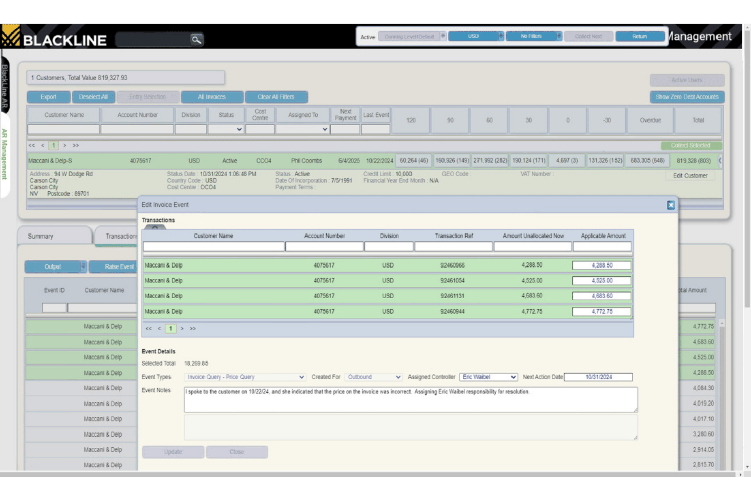 BlackLine AR management screen showing invoice event editor with dispute notes.