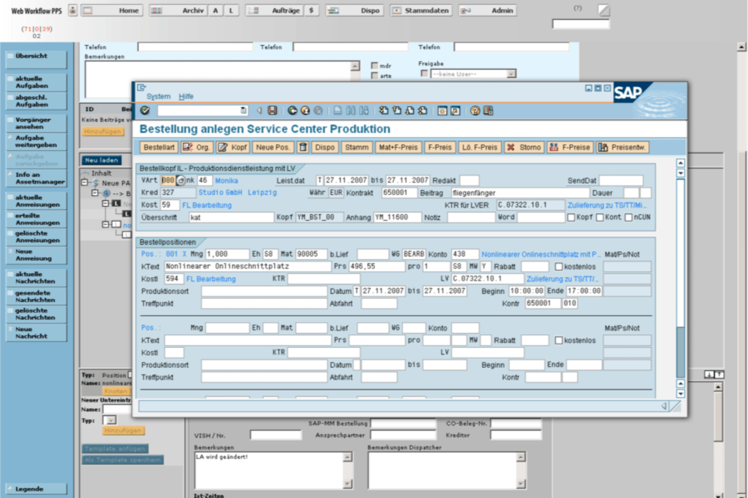 SAP dialog box for creating a service center production order with form fields.