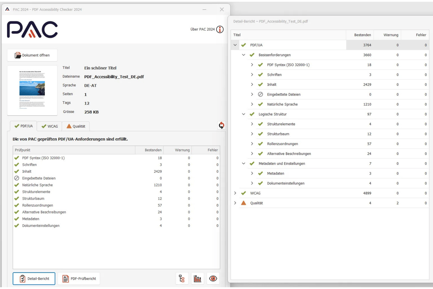 PAC 2024 interface showing PDF accessibility check results with passed criteria and detail report panel.