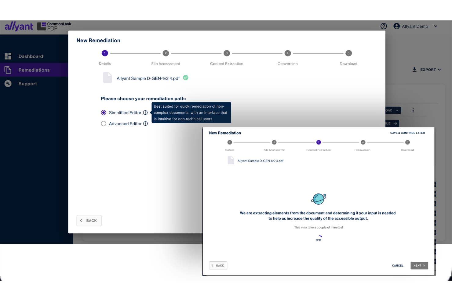 Allyant New Remediation dialog showing content extraction progress for a PDF file.