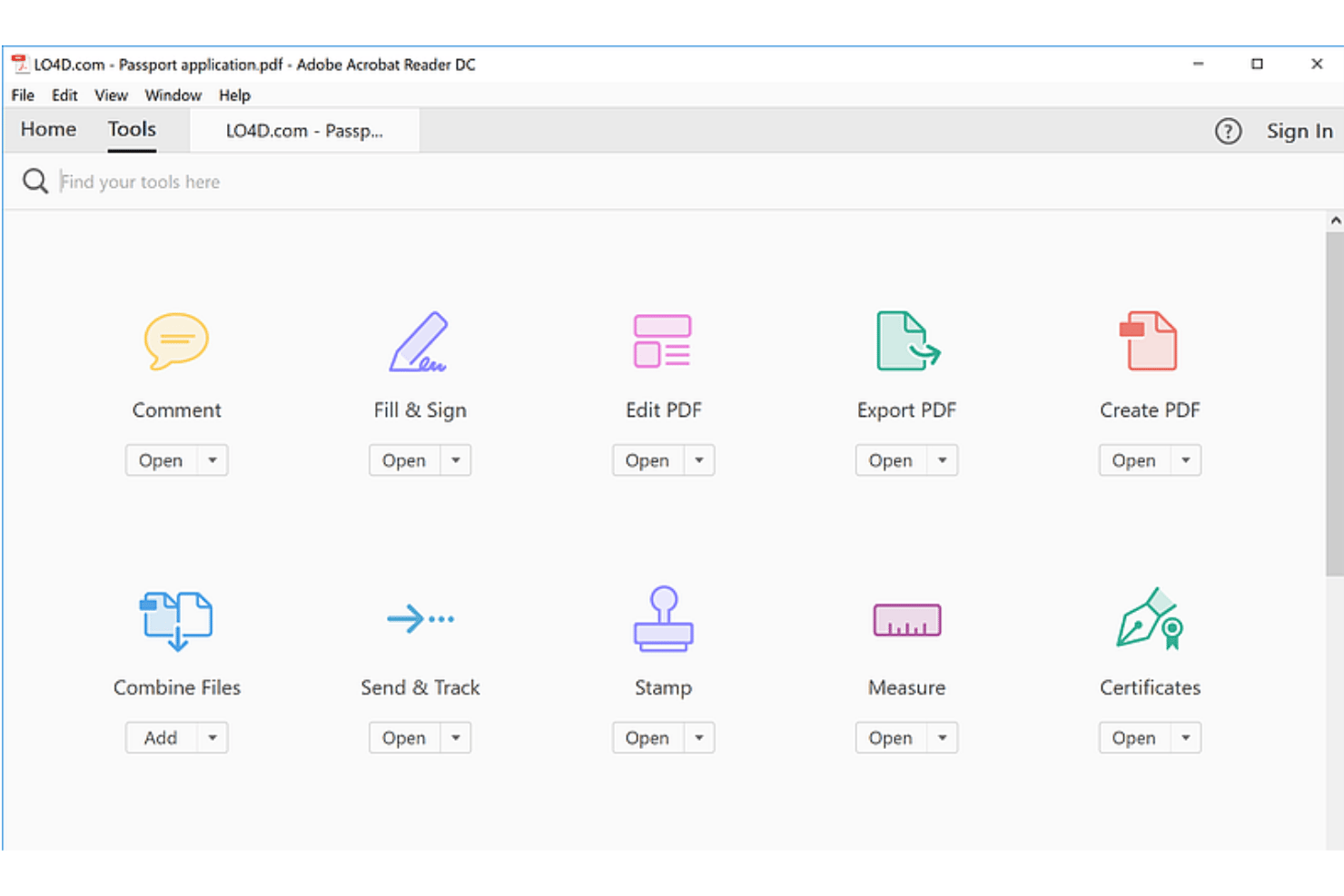 Adobe Acrobat Reader DC Tools panel showing ten PDF tool options with Open buttons.