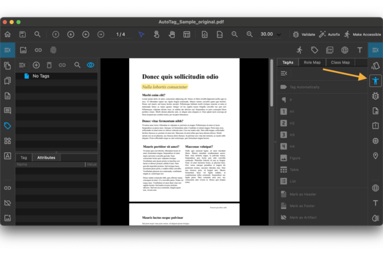 PDF editor showing tagging panel with heading and structure options on Mac.