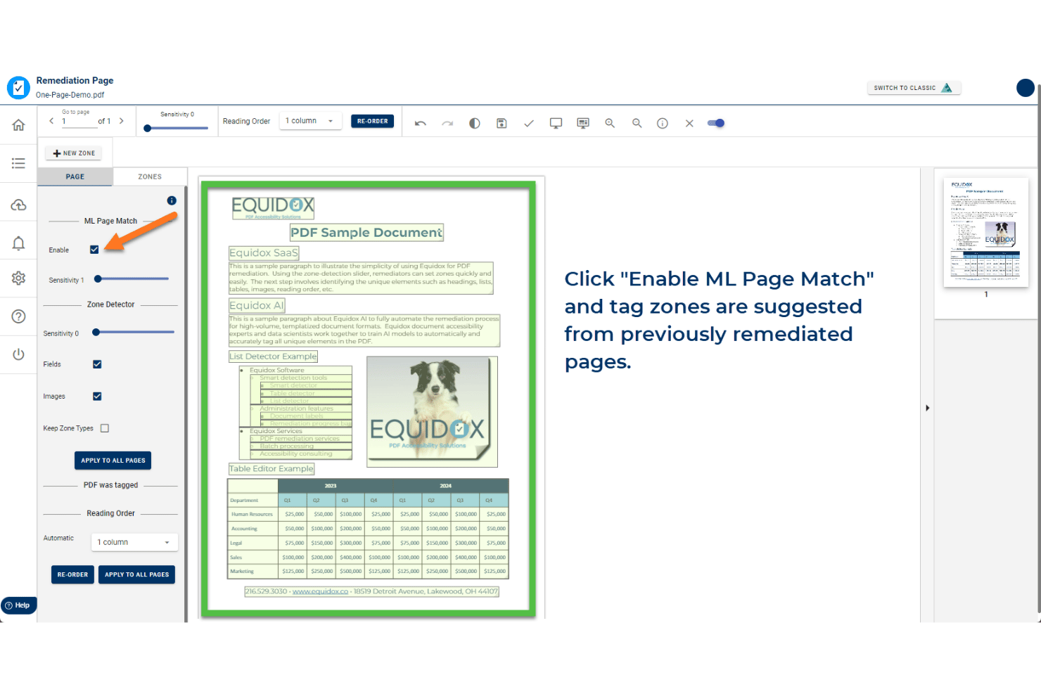 Equidox remediation page showing ML Page Match enabled with tagged PDF zones.