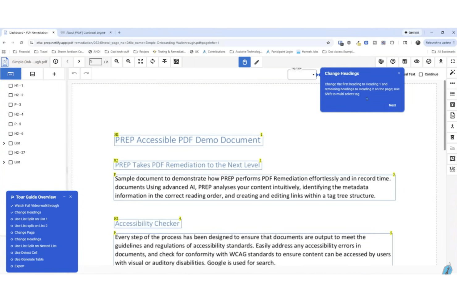 PDF remediation tool showing heading change walkthrough with tour guide overlay.