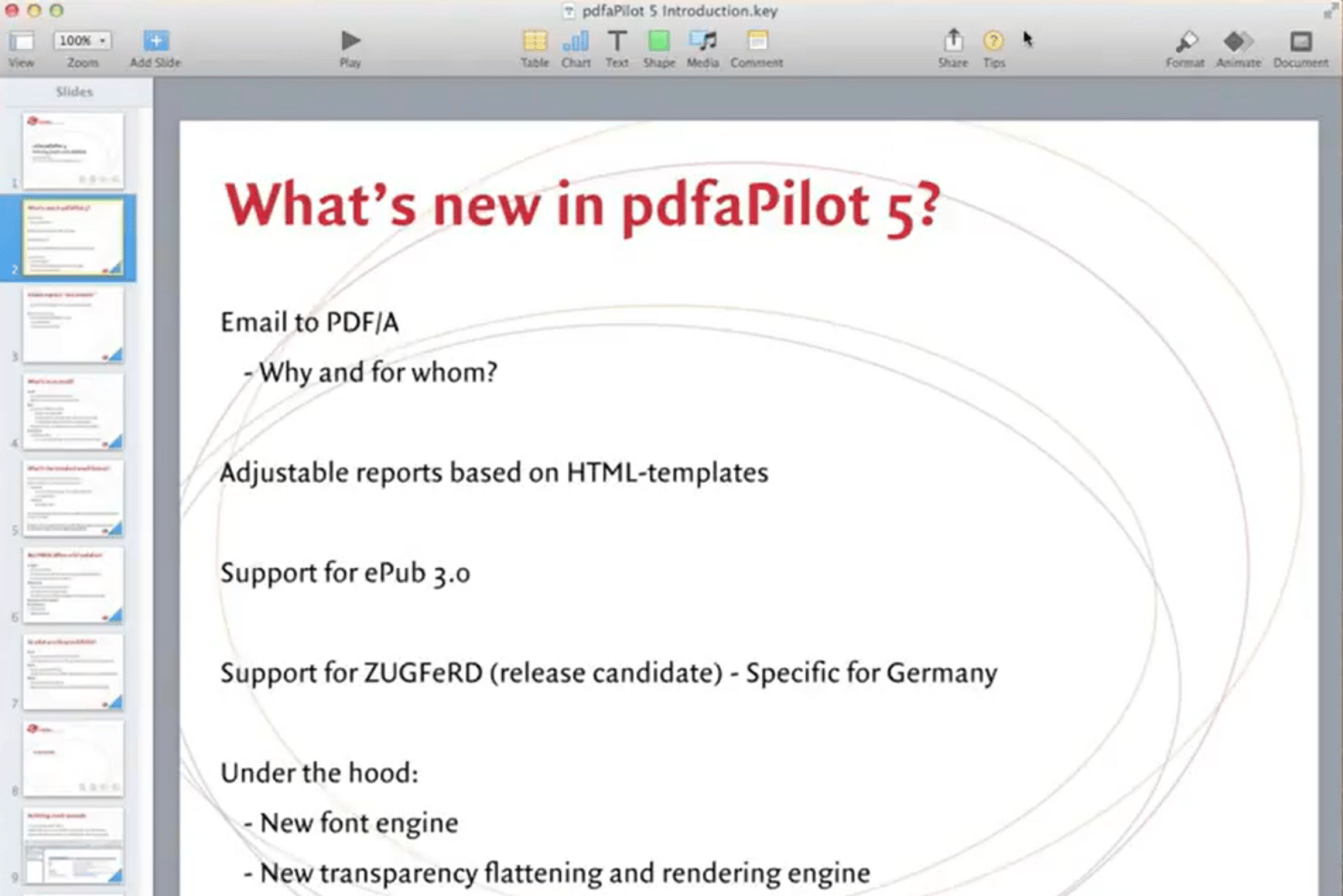 Keynote slide listing new features in pdfaPilot 5 on a Mac desktop.