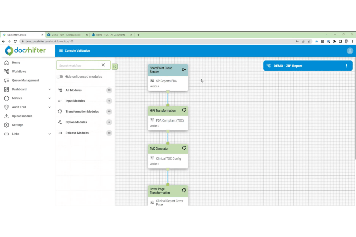 DocShifter workflow editor showing chained modules: SharePoint, HiFi Transformation, ToC Generator, Cover Page.