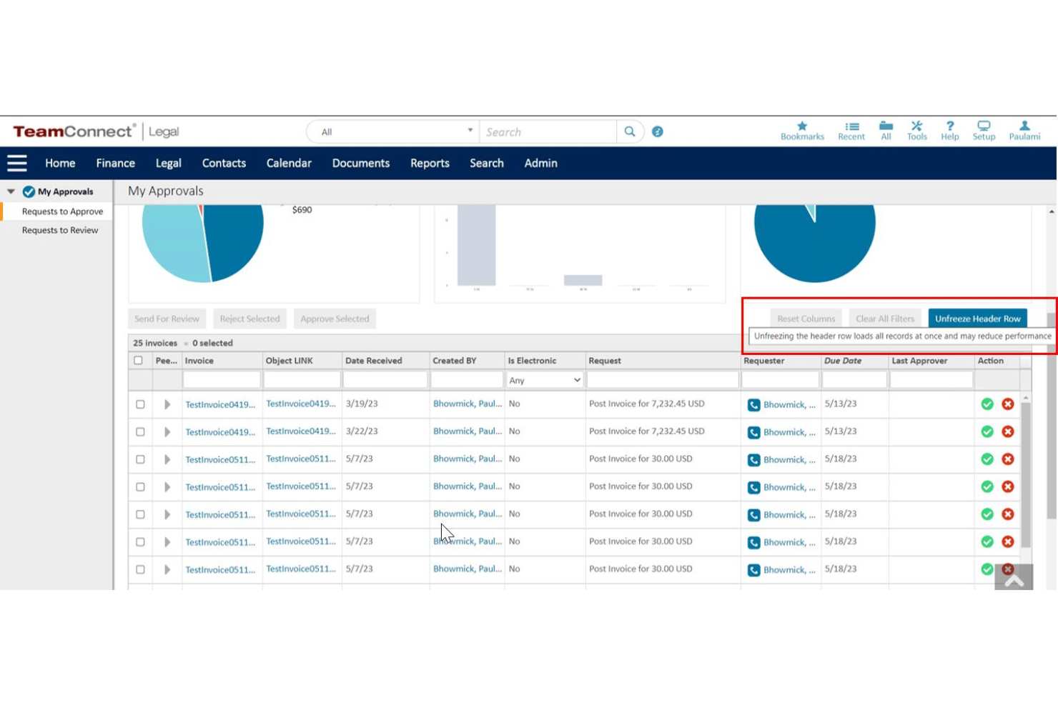 Schermata Le mie approvazioni di TeamConnect che mostra un elenco di fatture con azioni di approvazione e rifiuto.