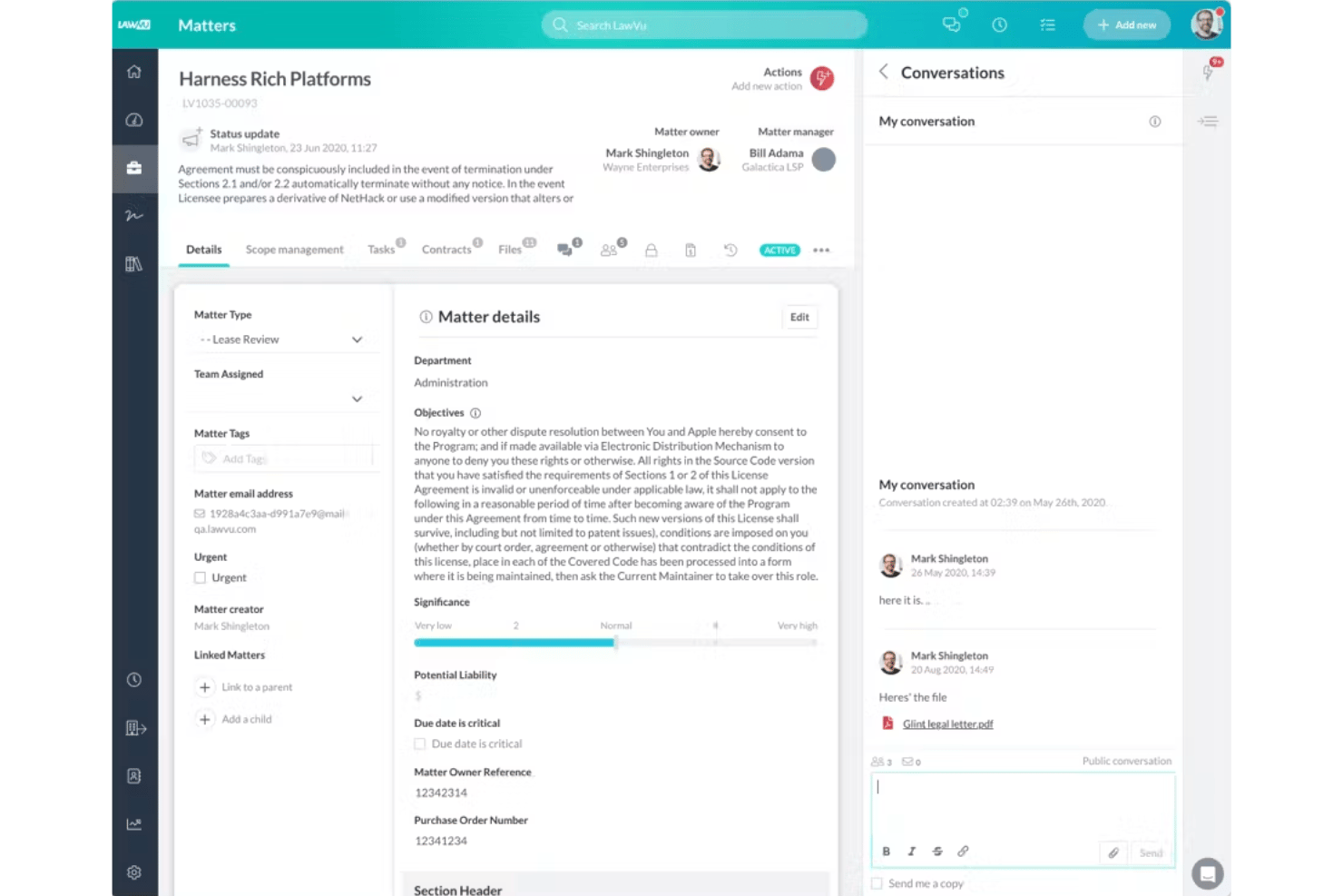 Cruscotto di gestione delle pratiche di LawVu che mostra i dettagli, le conversazioni e il pannello per la condivisione dei file.