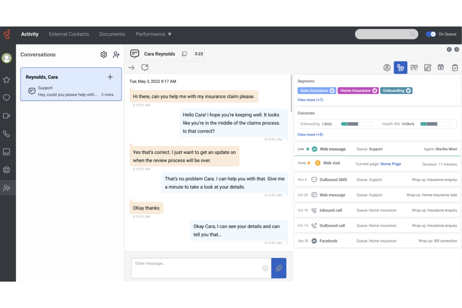 Customer support chat interface showing conversation history and contact segments panel.