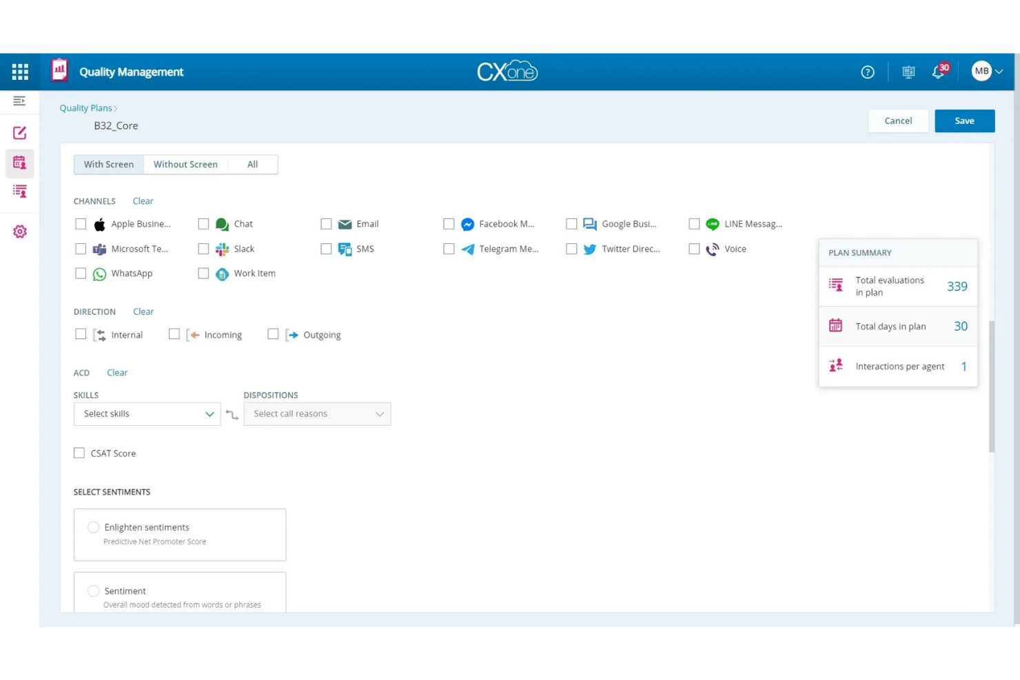 NICE CXone Quality Management interface showing channel filters and plan summary panel.