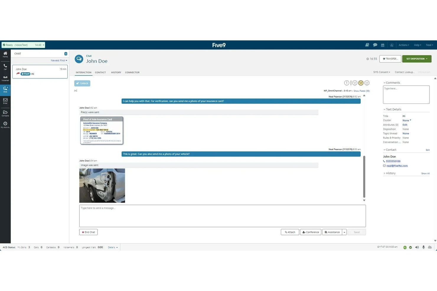 Five9 chat interface showing an agent receiving insurance card and vehicle damage photos from a customer.