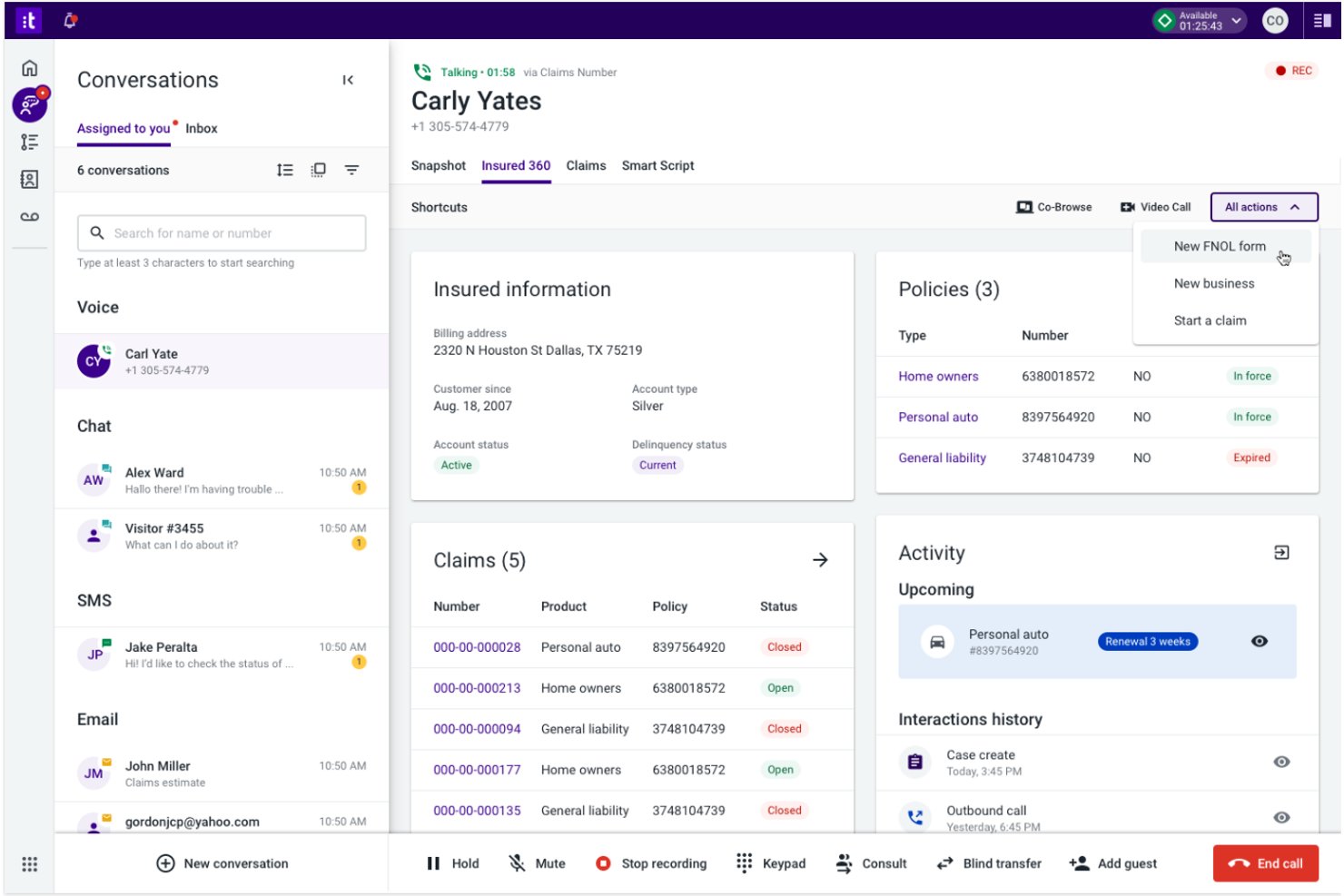 Talkdesk insurance call center UI showing Insured 360 tab with policies, claims, and All Actions dropdown menu.