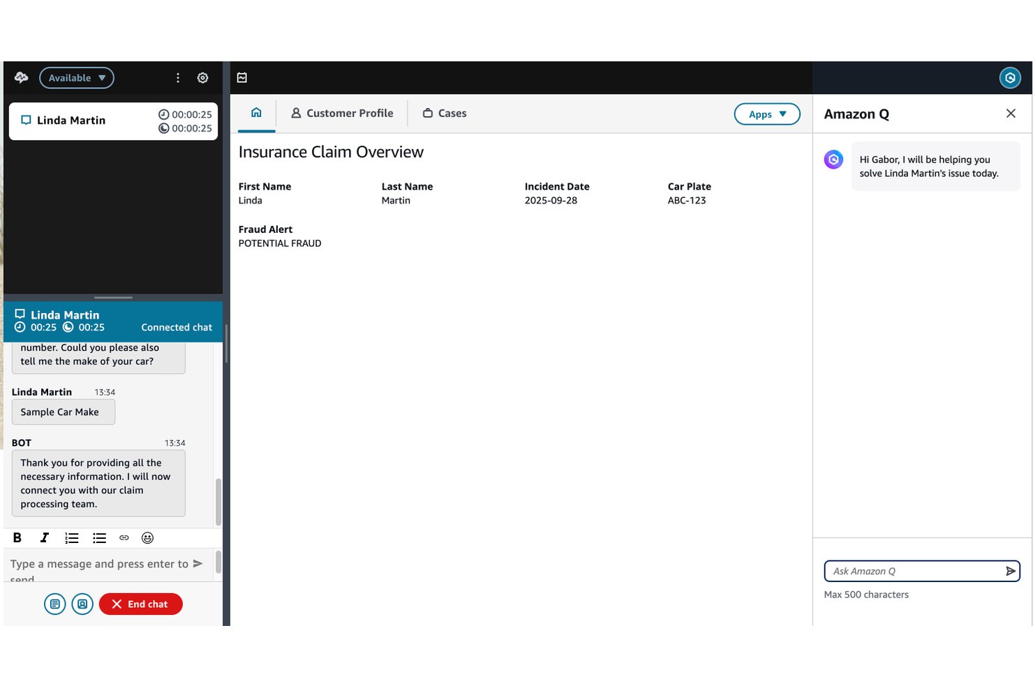 Amazon Connect agent chat interface showing insurance claim overview with fraud alert and Amazon Q assistant panel.
