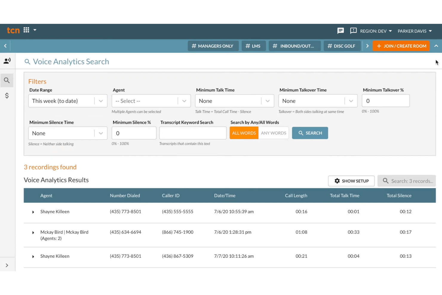 TCN Voice Analytics Search interface showing call recording filters and results table.