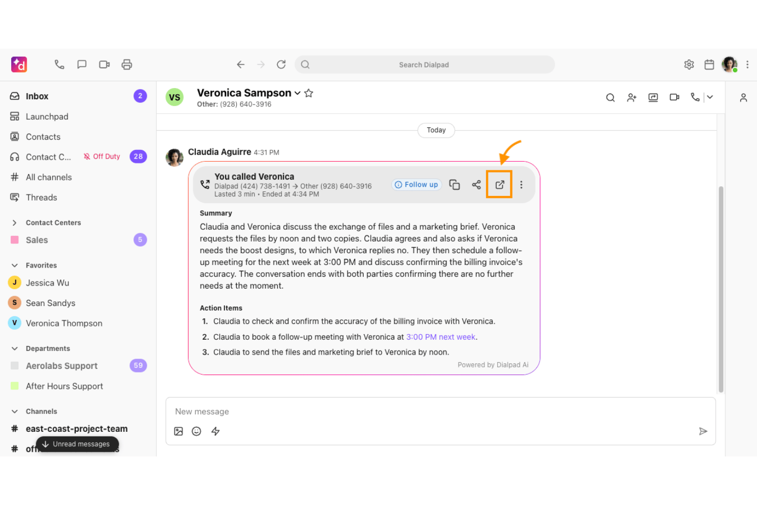 Dialpad app showing AI-generated call summary and action items after a completed call.