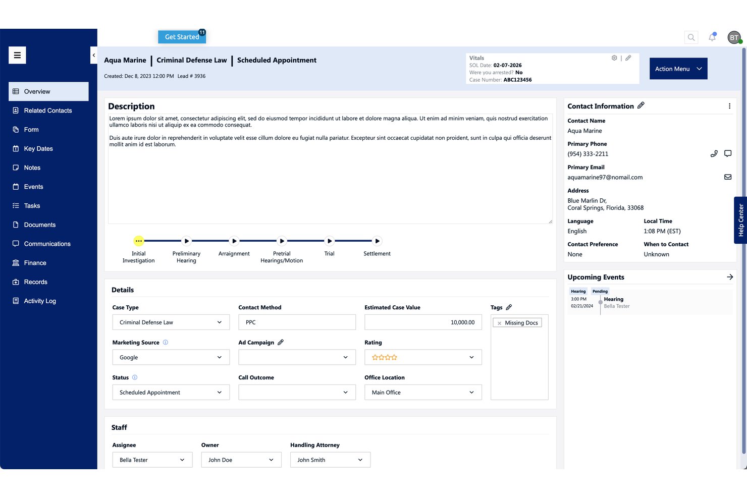 Law Ruler-Übersichtsbildschirm für Leads mit Falldetails, Kontaktinformationen und Workflow-Phasen.