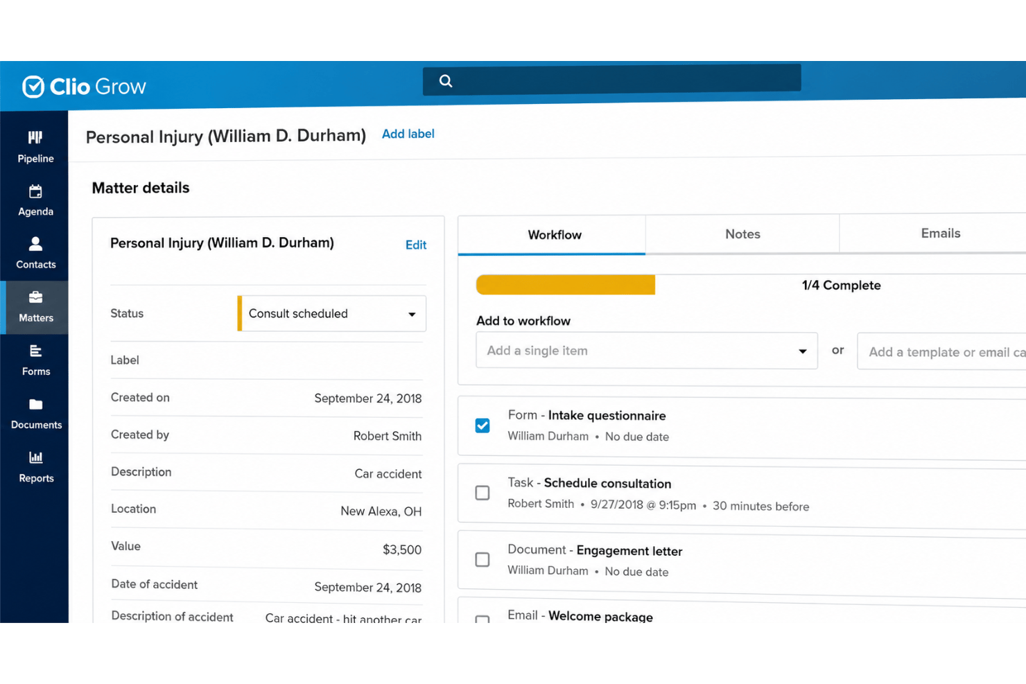 Clio Grow verbindet juristisches Marketing mit Mandantenaufnahme, CRM, Empfehlungen, E-Mail und Bewertungen.