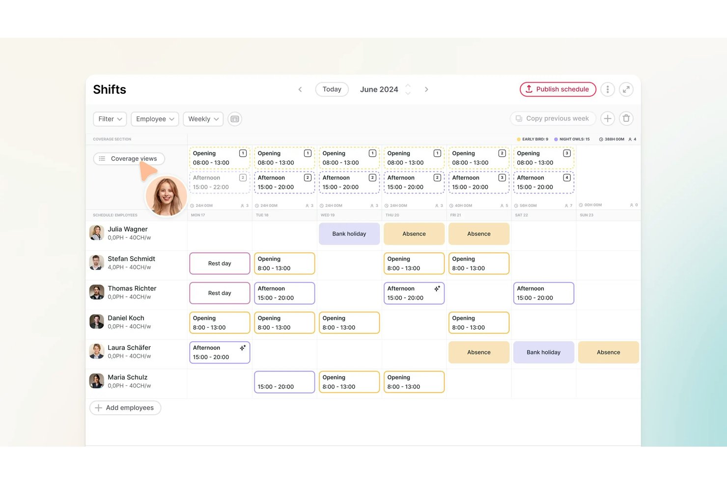 Factorial shifts scheduler showing weekly employee schedule with opening and afternoon shifts for June 2024.