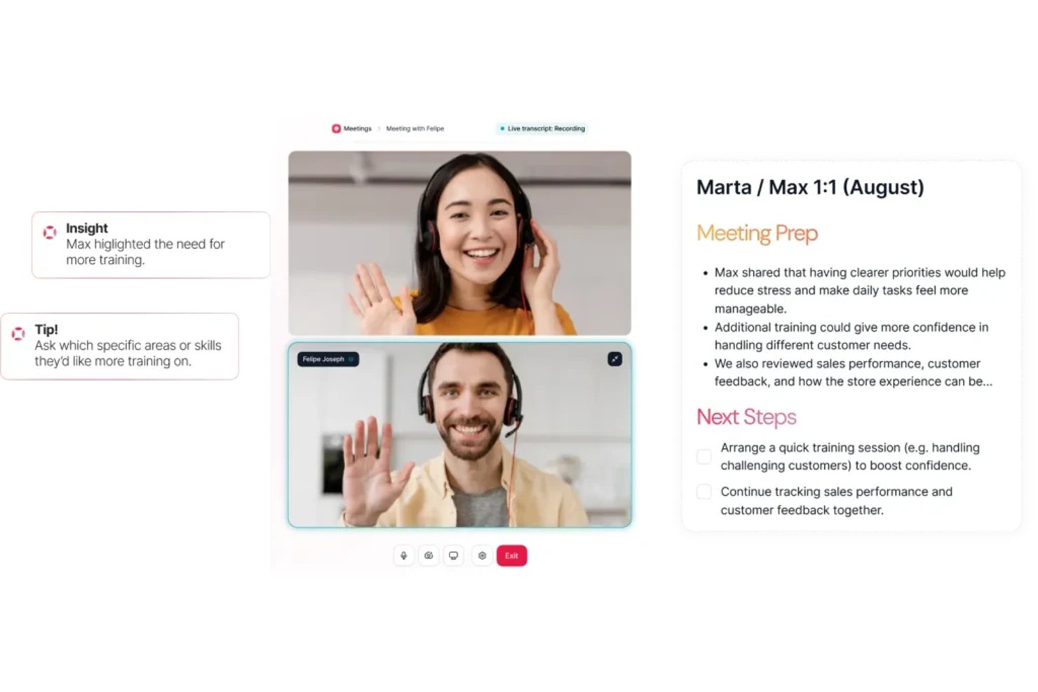 Factorial video call interface with AI meeting insights and next steps panel.