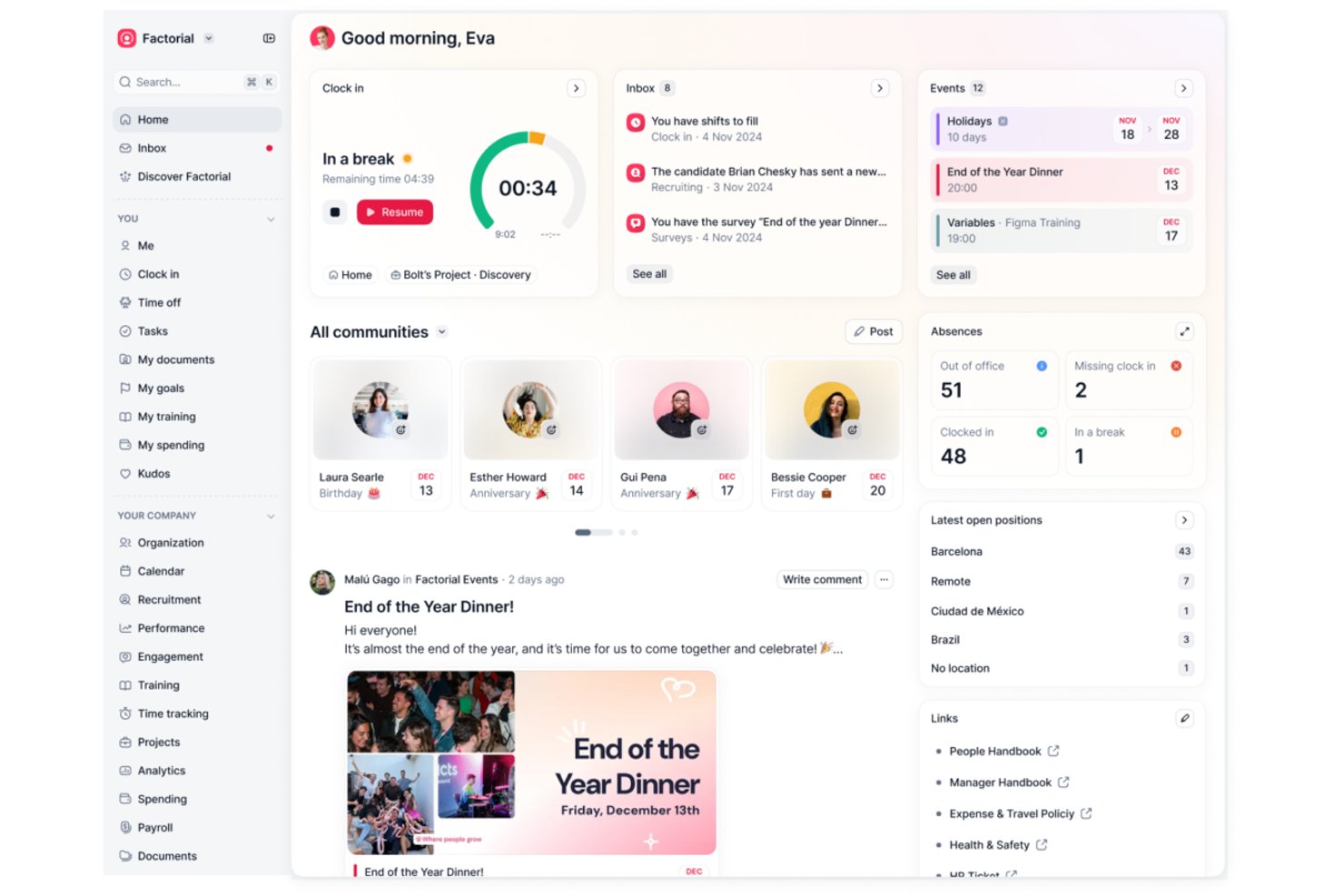 Factorial HR home dashboard showing clock-in, inbox, events, absences, and open positions.