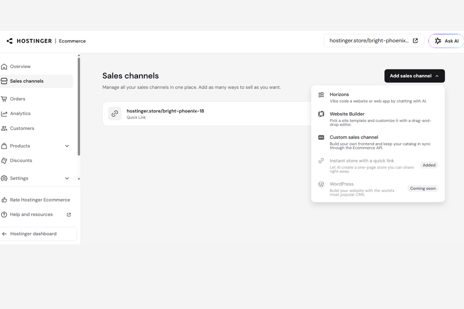 Hostinger Ecommerce screenshot - Die 10 besten E-Commerce-Plattformen für kleine Unternehmen im Jahr 2026