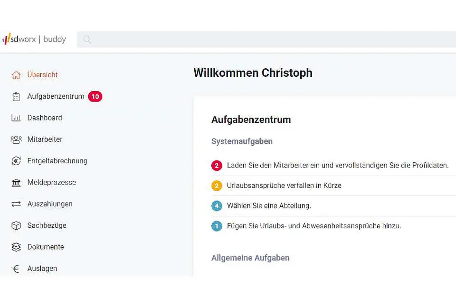 SD Worx-Buddy-Übersicht auf Deutsch mit Aufgabenzentrale, Systemaufgaben und Navigationsmenü
