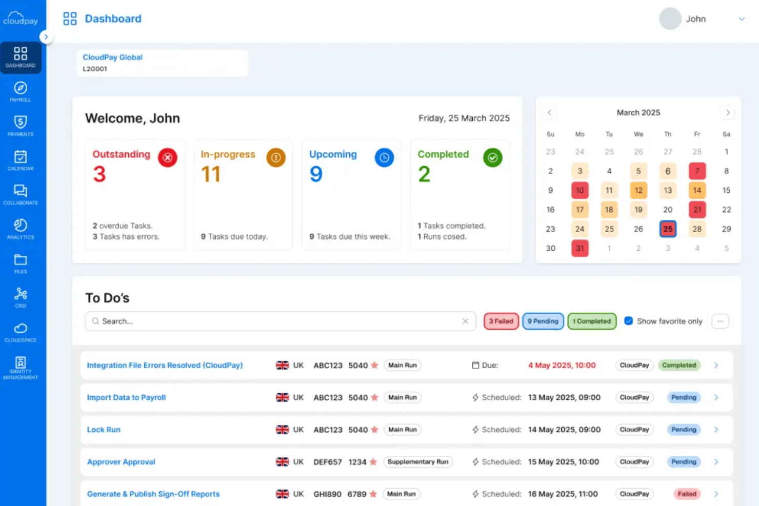 CloudPay-Dashboard mit Gehaltsabrechnungsaufgaben, Kalender und Aufgabenliste für März 2025.