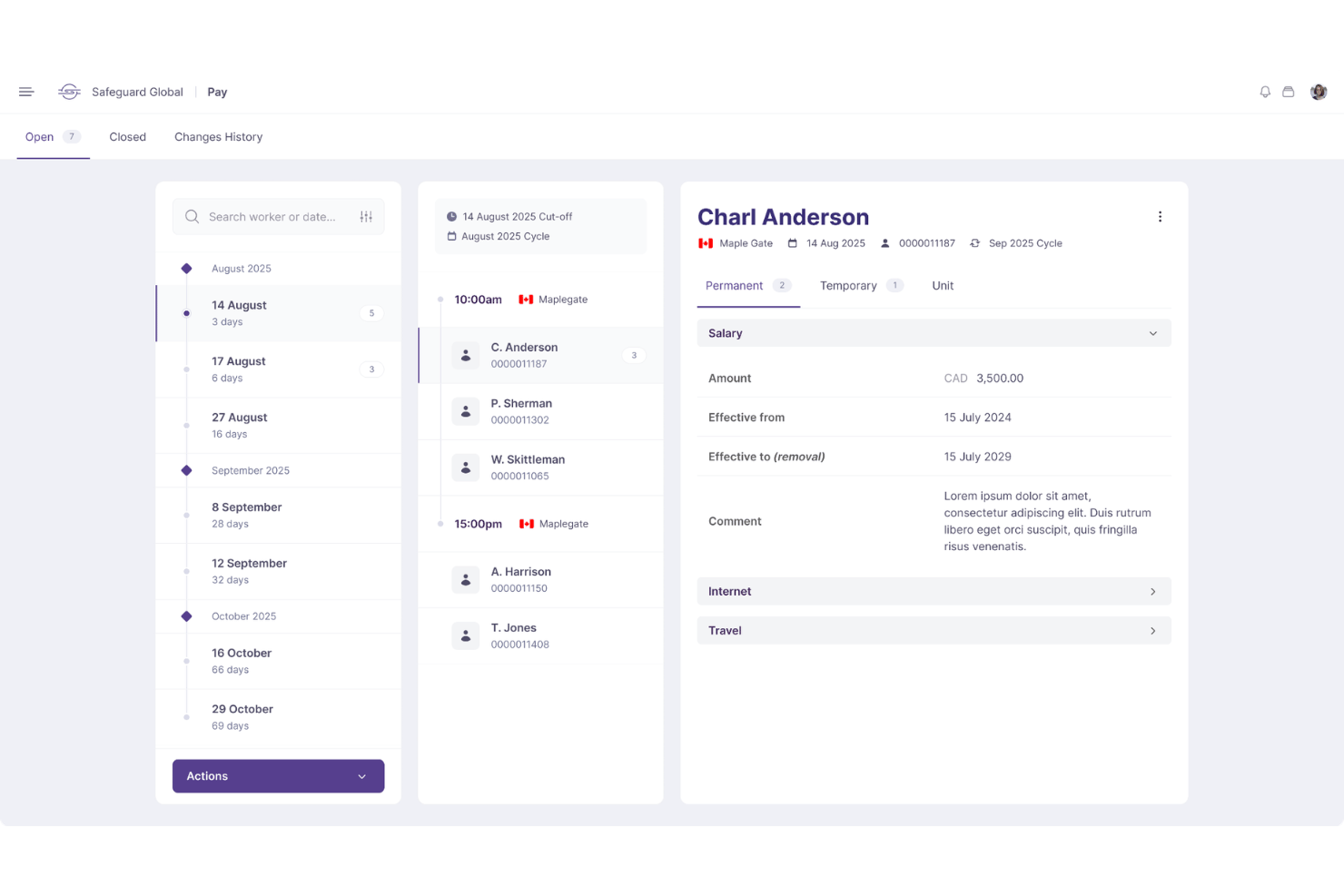 Safeguard-Global-Pay-Dashboard mit Gehaltsdaten von Mitarbeitern und Lohnabrechnungszyklen.