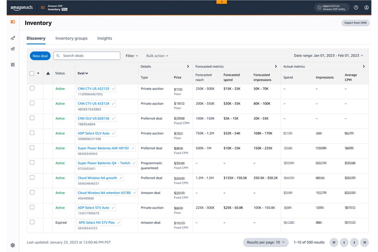 Amazon DSP Inventory Discovery dashboard showing active deals with forecasted metrics.