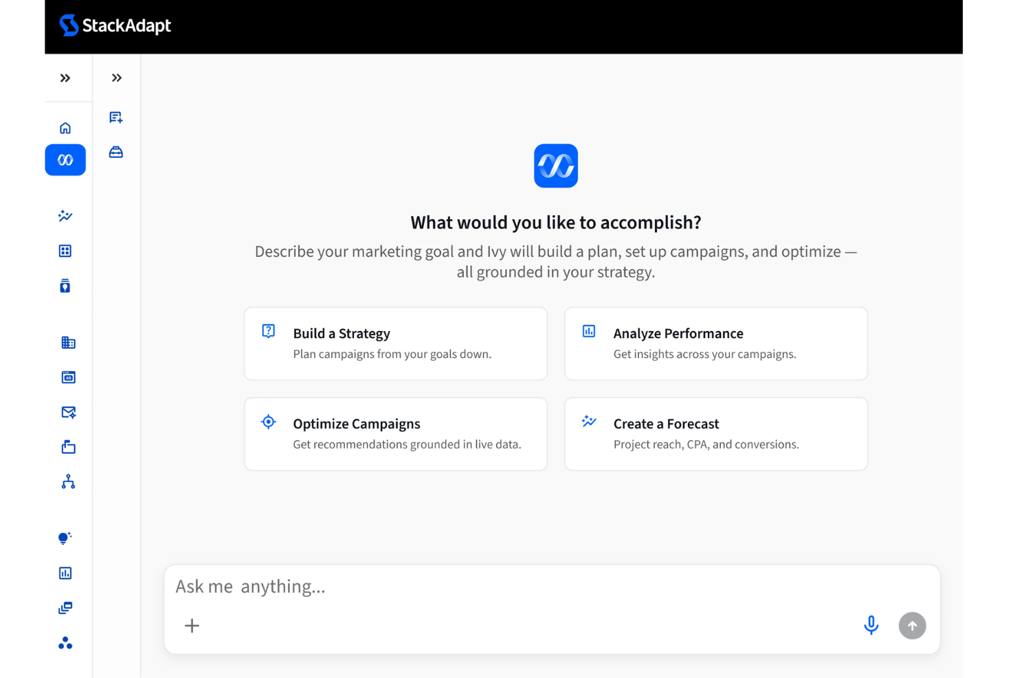 StackAdapt Ivy AI interface with four options: Build Strategy, Analyze Performance, Optimize Campaigns, Create Forecast.