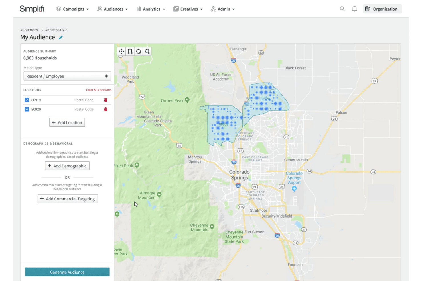 Simpli.fi audience builder showing two postal codes mapped in Colorado Springs.