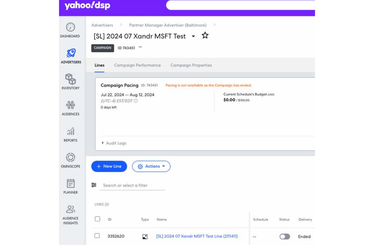 Yahoo DSP campaign dashboard showing pacing, budget, and two line items.