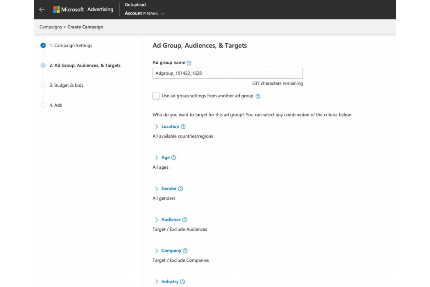 Microsoft Advertising campaign creation screen showing ad group audiences and targets setup.