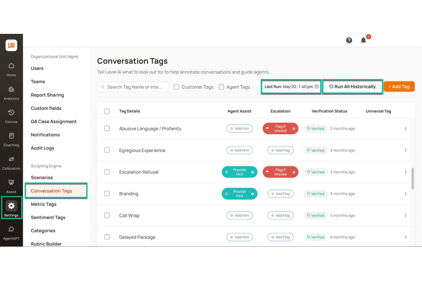 Level AI settings panel showing Conversation Tags list with verification statuses and flags.