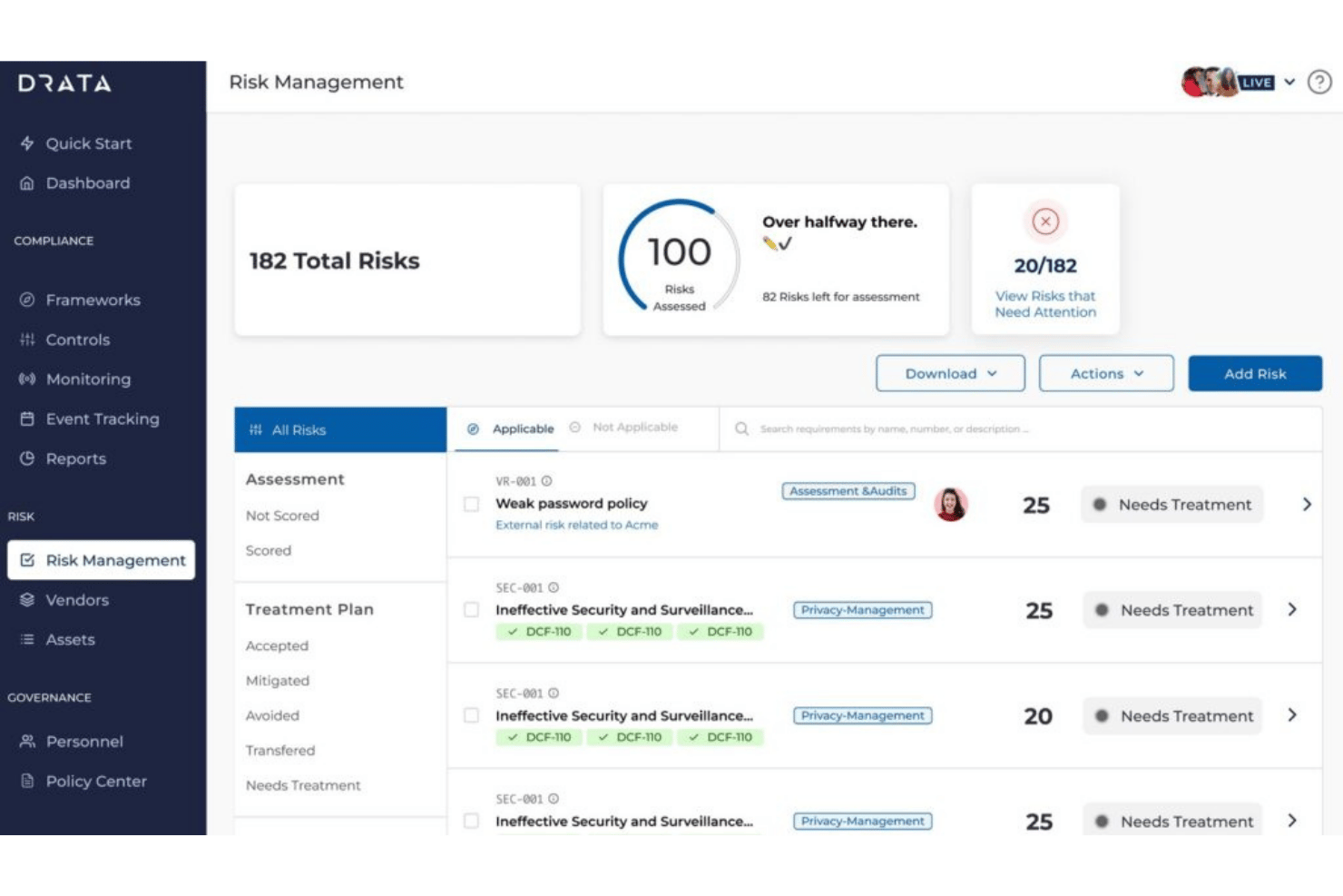 Drata Risk Management dashboard showing 182 total risks, 100 assessed, and treatment statuses.