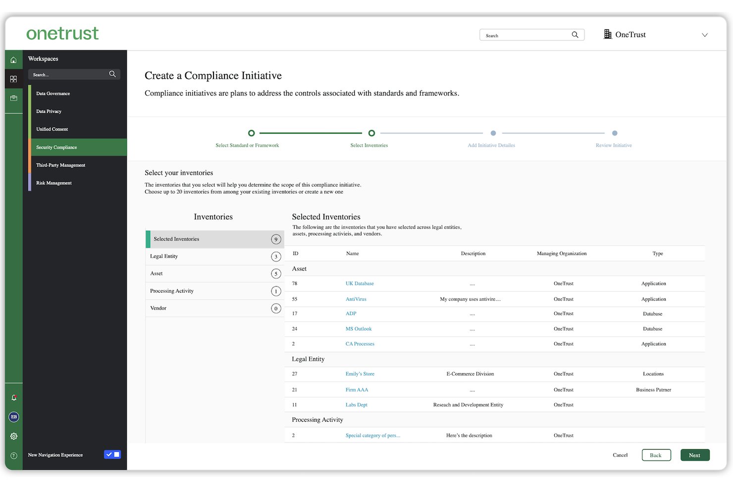 OneTrust UI showing Select Inventories step in Create a Compliance Initiative wizard.