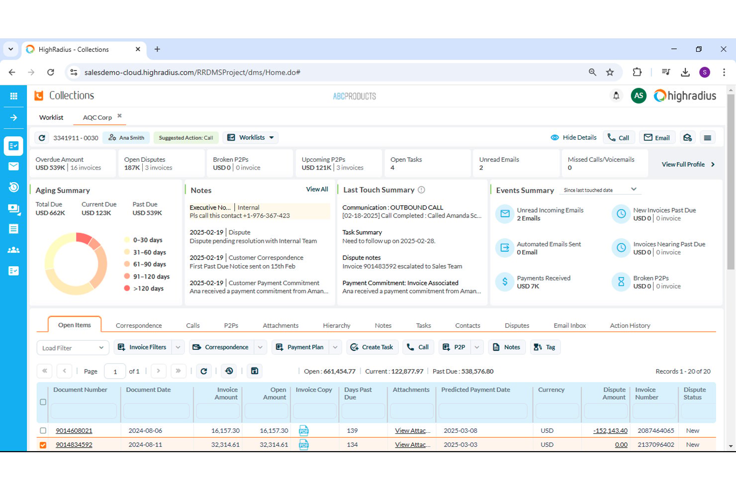HighRadius-Dashboard für das Mahnwesen mit Übersicht über die Altersstruktur, offenen Rechnungen und Streitfallstatus.