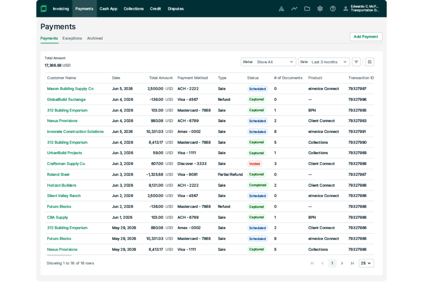 Billtrust-Zahlungsdashboard mit einer Auflistung von Transaktionen einschließlich Status, Betrag und Zahlungsmethode.