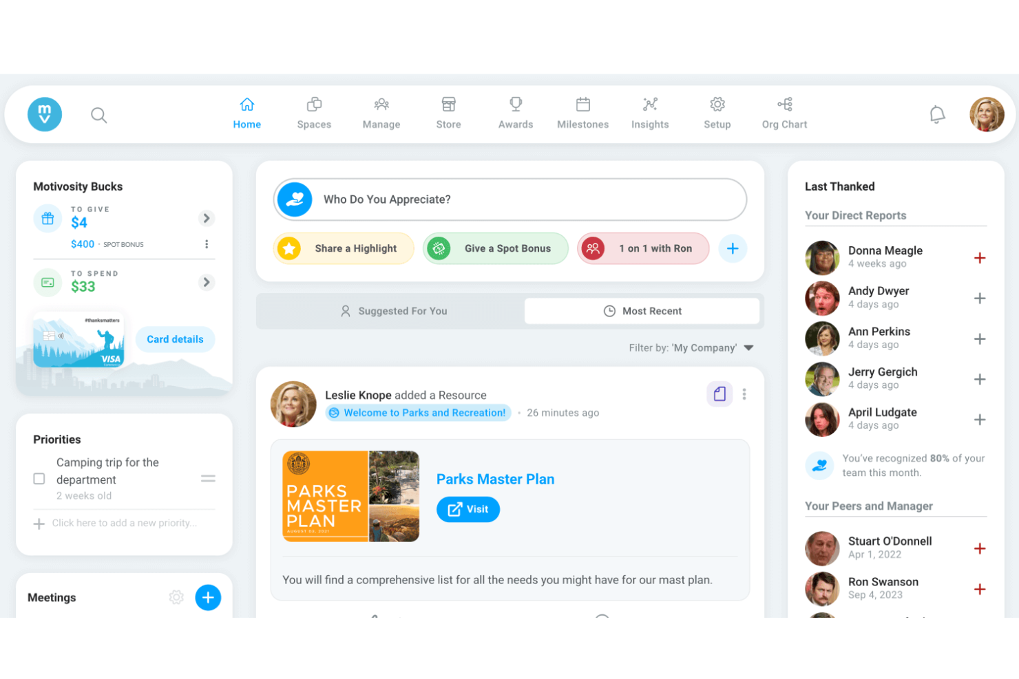 Motivosity-dashboard met overzicht van werknemerswaardering, beloningssaldo en teamhoogtepunten.