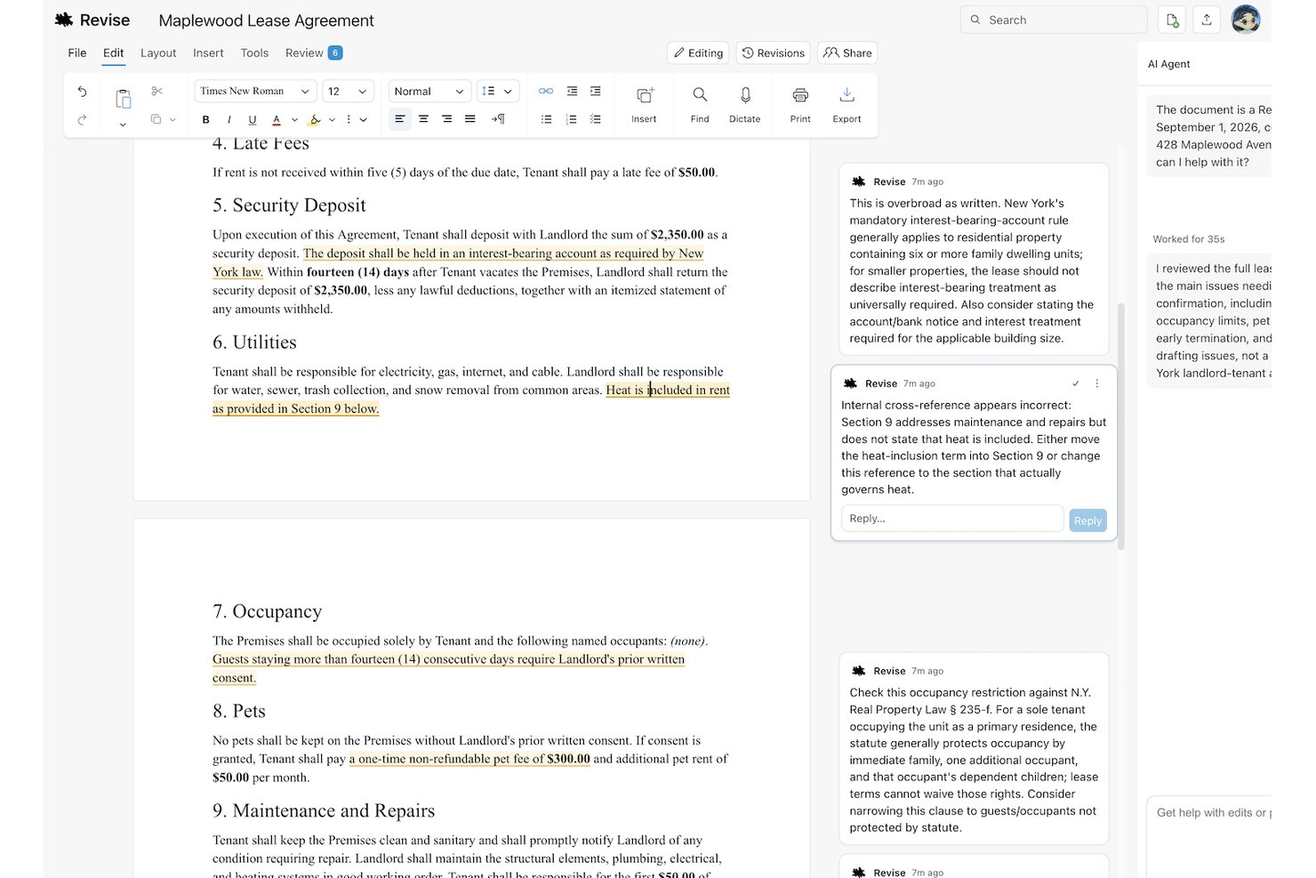 Revise document editor showing AI comments on a lease agreement with flagged legal issues.