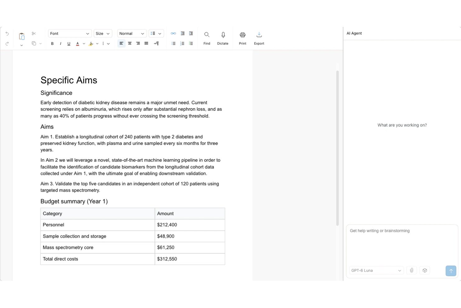 Revise-dokumentredigerare som visar Specifika mål med AI-agentens sidopanel.