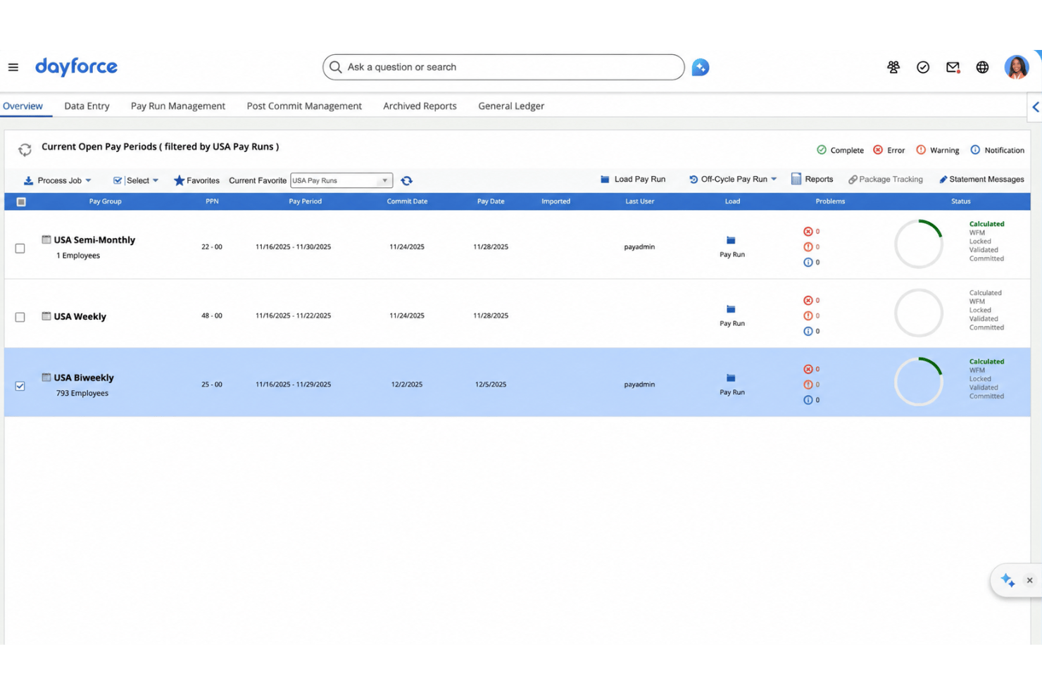Dayforce payroll overview showing three USA pay groups with status indicators.