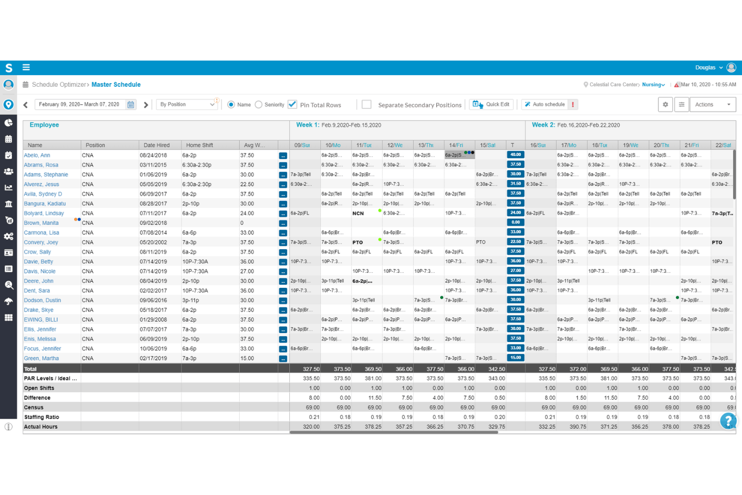 Smartlinx master schedule grid showing CNA employee shifts and staffing totals.